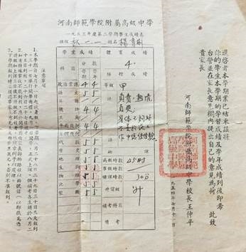 1953年度第二学期学生成绩单（本照片由1956届1班校友杨育彬提供）